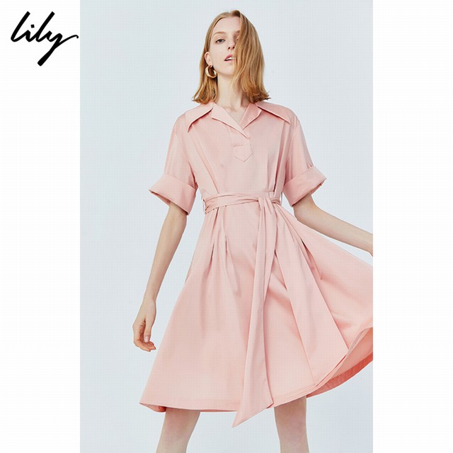 >Lily2019夏新款女装A字系腰带短袖含棉衬衫式连衣裙119250C7584