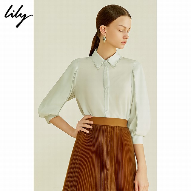 >Lily2019夏新款女装简约气质通勤宽松辑线七分袖衬衫119210C4105