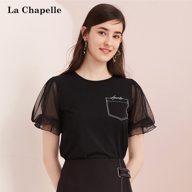 >拉夏贝尔蕾丝拼接短袖T恤2019新款女装夏季韩版休闲宽松个性上衣