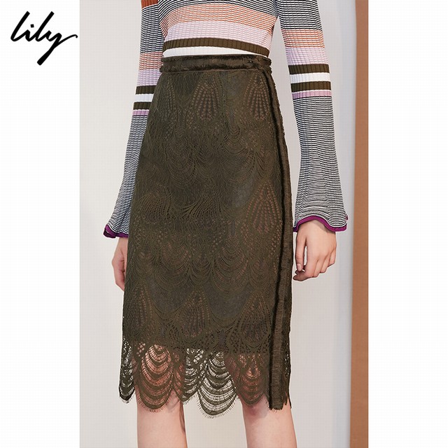 >Lily秋新款女装精致蕾丝花边军绿铅笔裙半身裙118340C6610