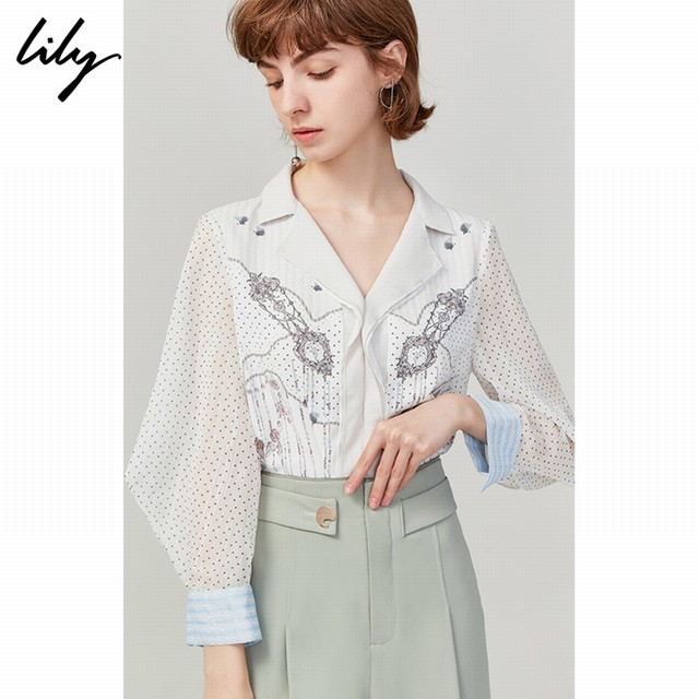 >Lily2019秋新款女装气质圆点西装领宽松套头长袖雪纺衫衬衫8911