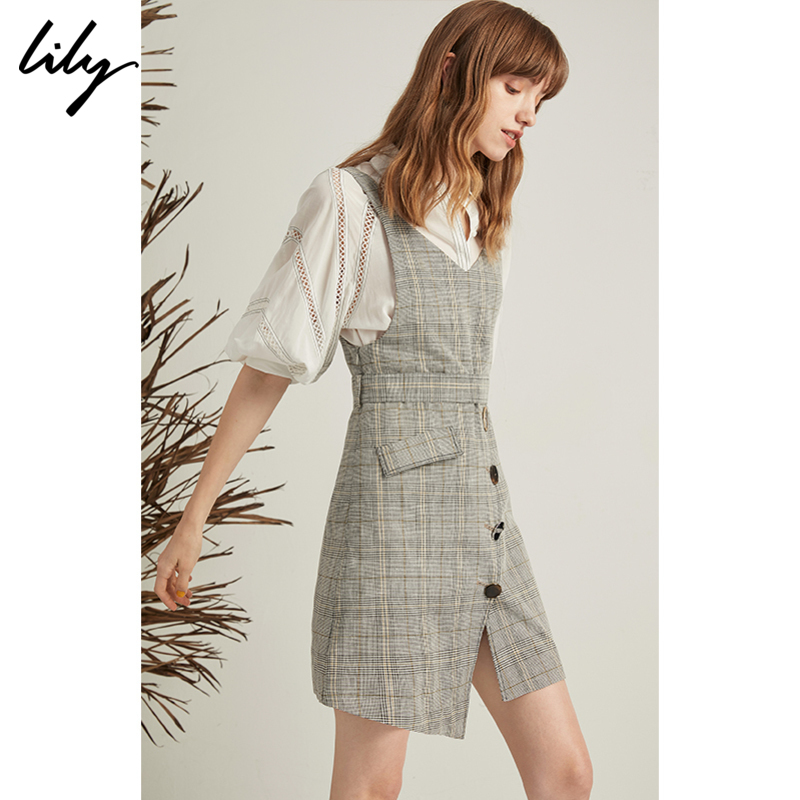 >Lily2019夏新款V领约会仙女裙收腰背带裙连衣裙女119220C7538