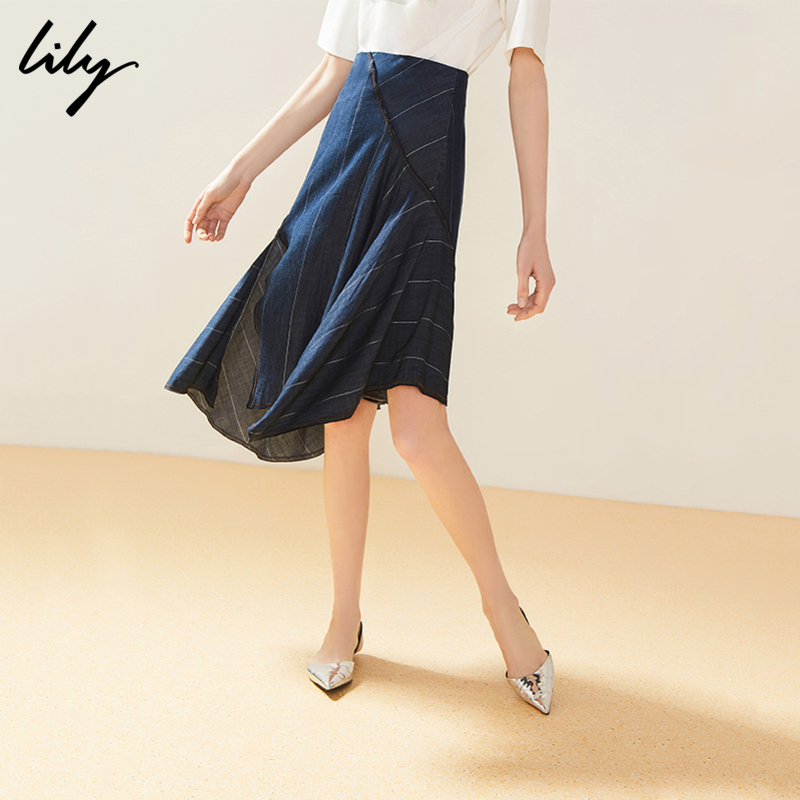 >Lily2019夏新款开叉不规则天丝牛仔裙条纹伞裙半身裙119210G6212