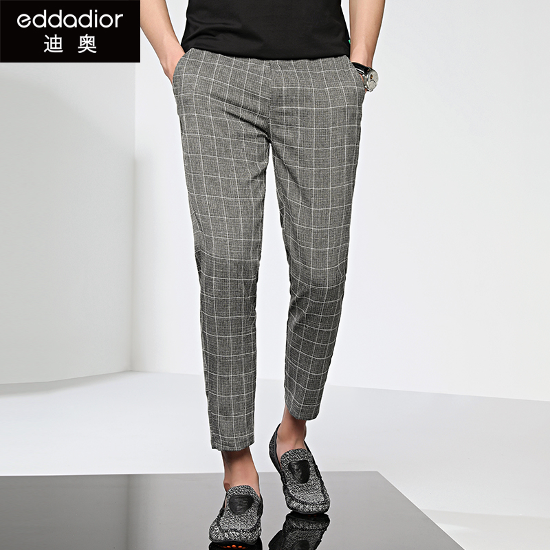 >迪奥夏装男士薄款格子休闲裤eddadior修身夏季英伦风小脚九分裤男