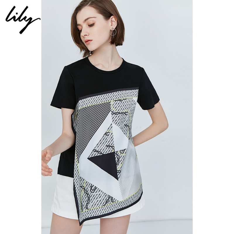 >Lily2019夏新款时髦不规则几何条纹格子拼接短袖T恤女119250A8734