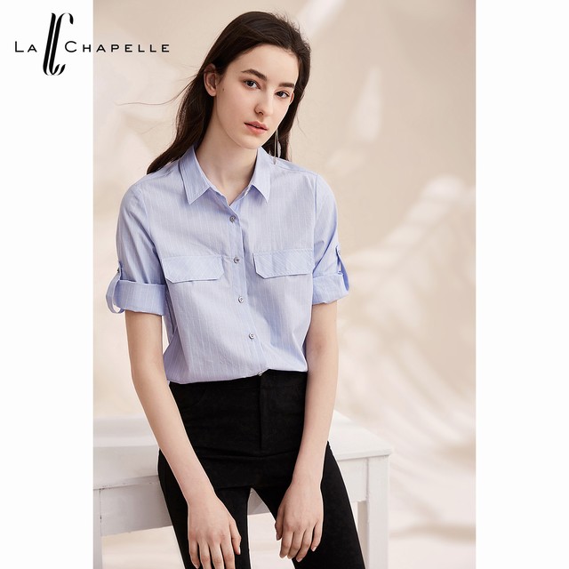 >拉夏贝尔2019新款女装夏季七分袖蓝白条纹棉衬衫洋气职业v领上衣