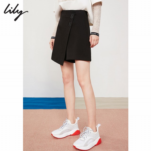 >Lily2019春新款女装商务黑色修身不对称休闲裙裤短裤119120C5222