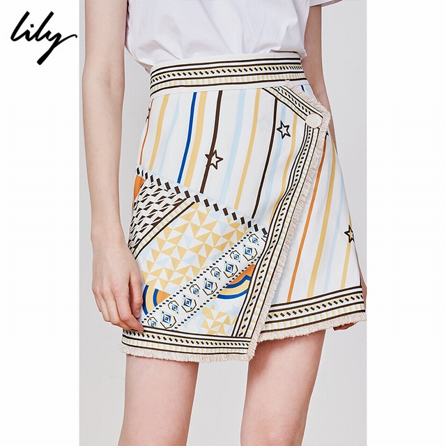 >Lily2019夏新款女装不对称几何印花拼接流苏A字短裙半身裙